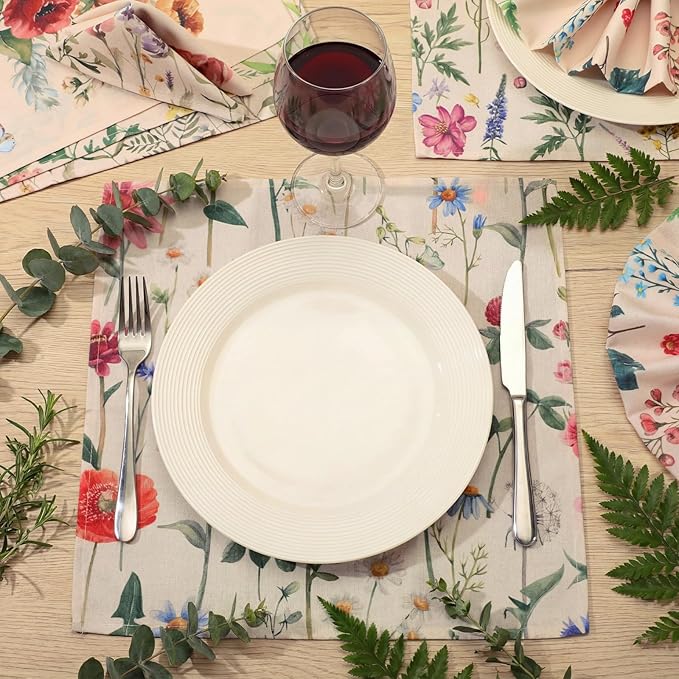 24 Pcs Butterfly and Wild Flowers Cloth Napkins Floral Plants Reusable Napkins French Retro Toile Dinner Soft Absorbent for Summer Holiday Party