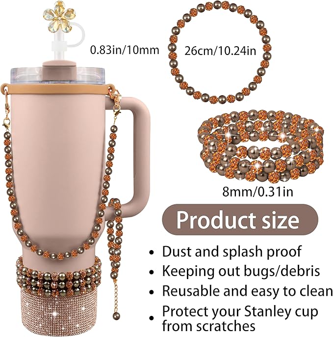 9PCS Brown of Stanley Cup Accessories Set 30/40 OZ Bling Pearl Rhinestones Charms for Stanley Decorations Tumbler Accessories Including Flower Straw Topper, Rhinestones Boot 30/40 OZ