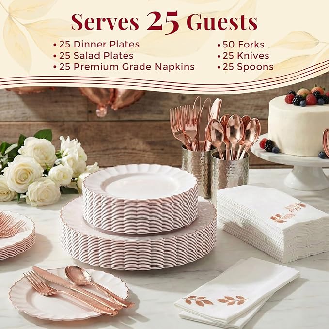 By Madee HEAVYWEIGHT Fancy Disposable Dinnerware Set – 175-Piece Ivory and Scalloped Rose Gold DisposablePlates, Cutlery & Linen-Feel Napkins, Elegant Nice for Weddings & Party (25 Guests)