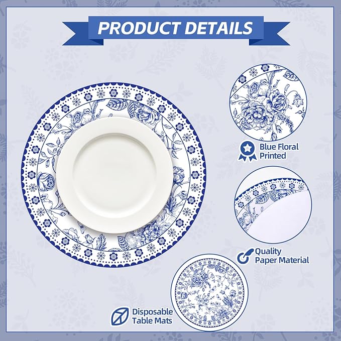 50 Pcs 14 Inch Blue Floral Paper Place Mats Chinoiserie Round Placemats Flower Disposable Decorative Table Mats for Dinner Table Setting Banquet Party Supplies