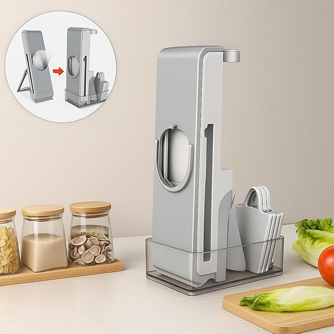 Adjustable Mandoline Vegetable Slicer and Chopper with Food Container – Kitchen Cutter with Multiple Thickness Settings, Includes Ceramic Peeler