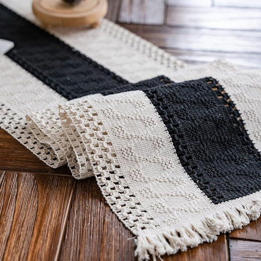 Alynsehom Macrame Table Runner Cream Beige and Black Boho Table Runners with Tassels Hand Woven Cotton Table Runner Rustic Farmhouse Table Runners for Bohemian Kitchen Dining Table(12x95in)