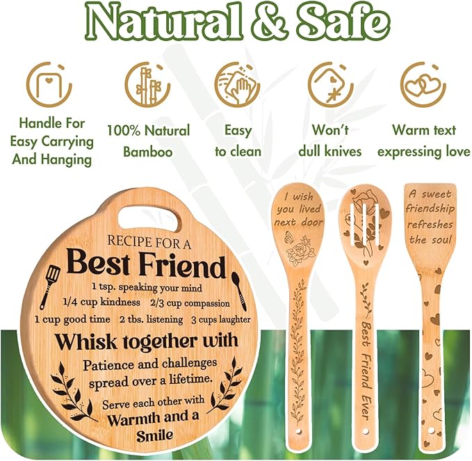 Best Friend Birthday Gifts for Women - Engraved Bamboo Cutting Board Set, Unique New Year Christmas Birthday Best Friend Birthday Gifts for Women Bestie Bff