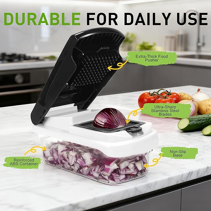 Multifunctional Mandoline Slicer with 7 Blades, Vegetable Chopper Food Cutter with Container, Onion Dicer Potato Grater Salad Prep Tool, Stainless Steel Kitchen Gadgets for Veggie Fruit (Black)