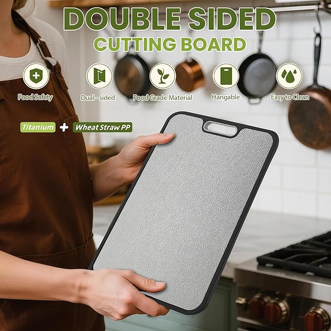 Titanium Cutting Board for Kitchen, 2-in-1 Double Sided with Titanium Alloy & Wheat Straw PP, Includes Avocado Slicer & Handle for RV and Camping (16x11 Inches, Random Color)