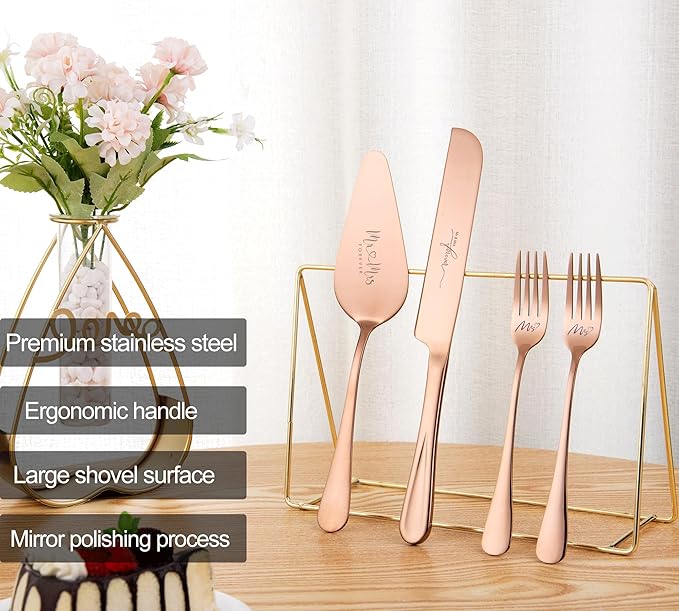 Wedding Cake Knife and Sever Set, Cake Cutting Set for Wedding, 4 pieces Mr and Mrs Cake Cutter and Forks, Birthday, Wedding Gifts, Bridal Shower Gifts for Couples (Rose gold)