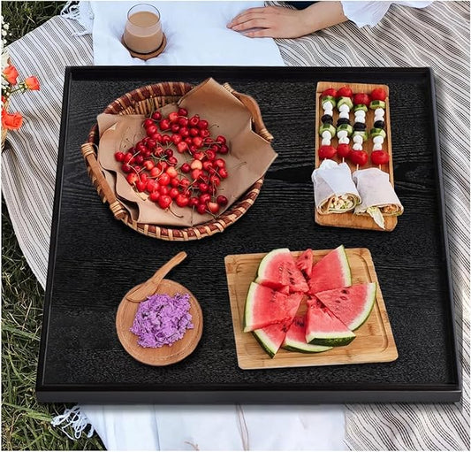 24 x 24 Inches Large Square Black Solid Wood Ottoman Tray, Serve Tea, Coffee or Breakfast in Bed, Classic Wooden Decorative Serving Tray with Raised Edges, Kitchen Party Bar Server Table Tray