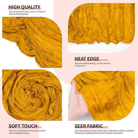 12 Pcs Gold Cheesecloth Table Runner 10Ft, Gauze Table Runners 21.5 x 120 inch,Semi Sheer Cheese Cloth Fabric Runner Bulk for Wedding,Party,Baby Shower,Bridal Shower