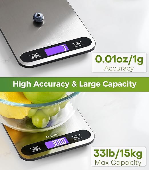 Atogou Food Scale, 33lb/ 15kg Digital Kitchen Scale with Full View LCD Display, Durable Stainless Steel Surface, for Cooking, Baking, Meal Prep Black