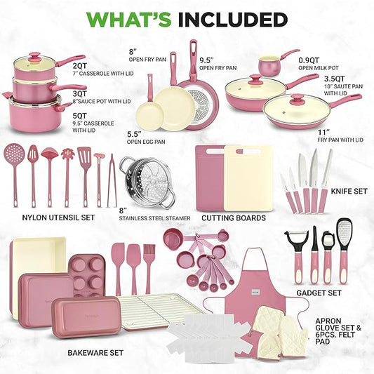 NutriChef 54-Piece Kitchen Cookware Set – Complete Non-Stick Ceramic Pots and Pans Set with Utensils, Bakeware, and Knife Set, Gas, Electric & Induction Compatible, Blush Pink Kitchen Essentials