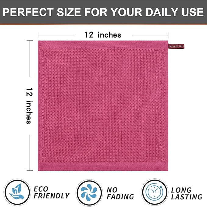 Kitinjoy 100% Cotton Kitchen Dish Cloths (12 X 12 Inches, Hot Pink), 6 Pack Waffle Weave Ultra Soft Absorbent Dish Towels for Drying Dishes Quick Drying Kitchen Towels Dish Rags