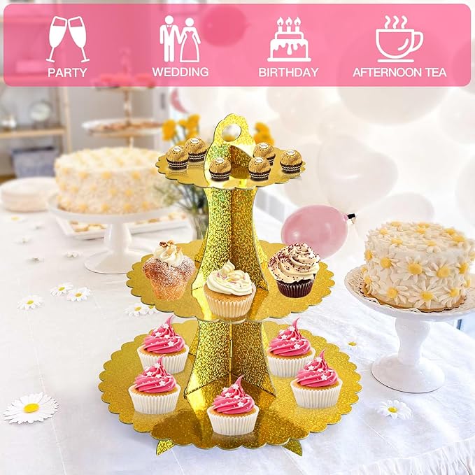 Soleebee 3-Tier Cupcake Stand, Cardboard Cupcake Tower, Dessert Cup Cake Stand Tower for Birthday Wedding Party Decoration, Cupcake Tier Stand 1 Set (Glitter Gold)