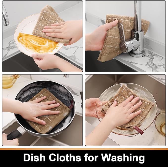 Mordimy 100% Cotton Terry Cloth Dish Cloths, Soft and Absorbent Checkered Dish Towels, Quick Drying Dish Rags for Washing Dishes, 8 Pack, 12 x 12 Inches, Tan