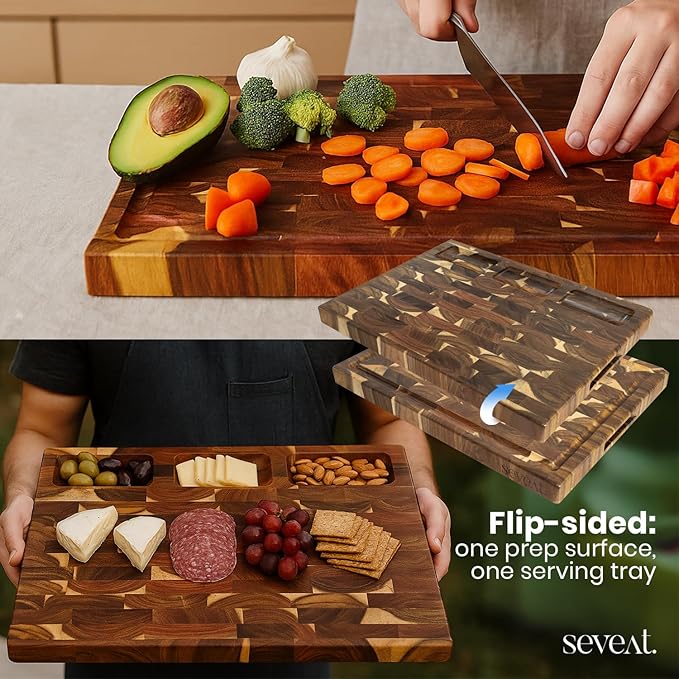 End Grain Cutting Board - Acacia Wood Double-Sided Butcher Block for Kitchen with Juice Groove & 3 Pockets, Durable Wooden Chopping Board, Wood Cutting Boards for Kitchen & Meal Prep (Brown)