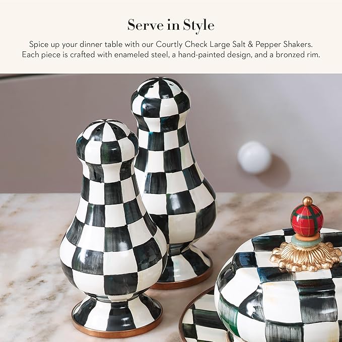 MACKENZIE-CHILDS Enamel Salt and Pepper Shakers, Kitchen Table Spice Shaker Set, Black-and-White Courtly Check, Large