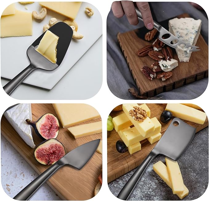 8 Pieces Black Cheese Knives Set with Dinning Knife Fork Spoon Stainless Steel Multifunctional Kitchen Gadget Baking Utensils Cooking Tool