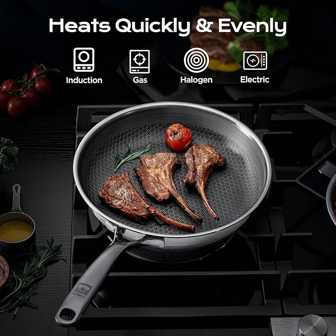 KOBACH 8+10+12 inch Nonstick Frying Pan Set-3 Piece Hybrid Pans Set Nonstick Stainless Steel Skillet Set, Dishwasher & Oven Safe, Compatible with Induction & Gas Stoves, PFOA Free Cookware set