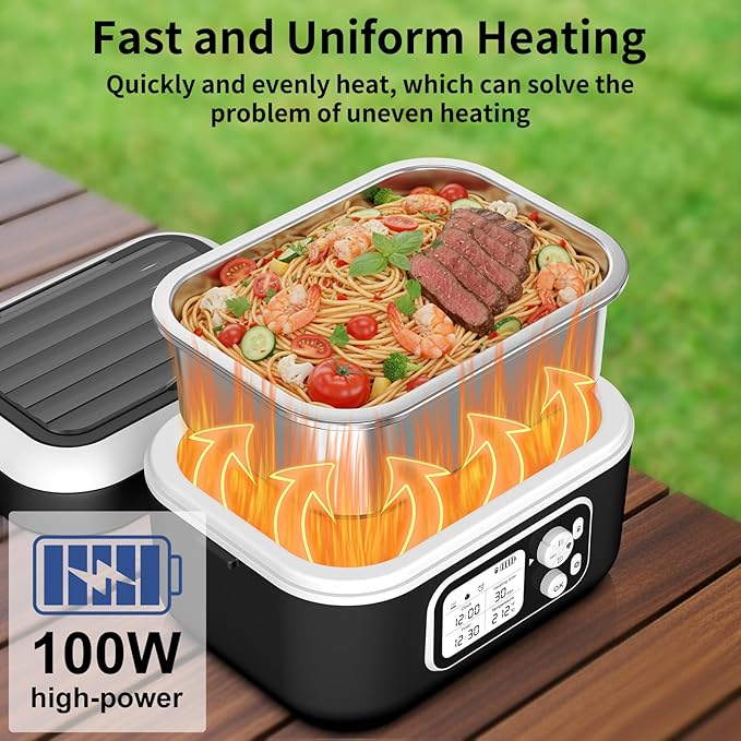 Cordless Electric Heated Lunch Box, 1.5L 6.3Cups 24000mAh Rechargeable Battery Self-Heating Lunch Box, Smart Timer, Even Heating, 100W Portable Food Warmer for Office, Picnic, Car, Outdoor