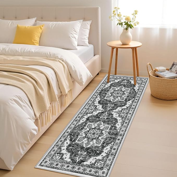 Tritard Non Slip Kitchen Rugs Sets of 3 Washable Kitchen Rug Boho Kitchen Mats for Floor Soft Kitchen Runner Rug Non Skid Kitchen Floor Carpet for Entryway Hallway Laundry Room, Black Grey