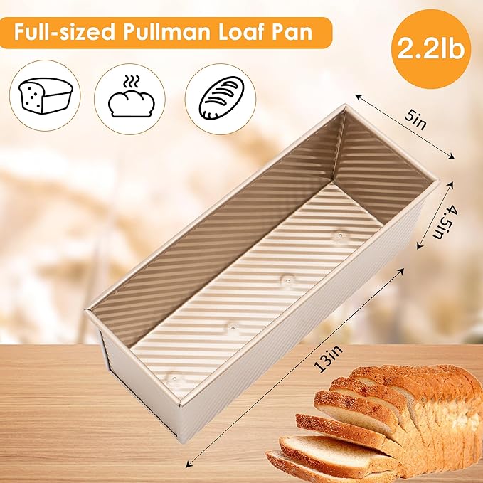 Spmarkt 2-pack 2.2lb Gold Pullman Loaf Pan with Lid, Premium Non-Stick Coating Bread Pan, PFTE and PFOA-Free, Safe and Healthy Baking for Homemade Bread with Family-sized Recipes