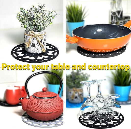 3 Set Silicone Trivet Mats with 1 Extra Large Included | Intricately Carved Insulated Flexible Durable Non Slip Thick Round Premium Trivets for Hot pots and Pans | Vintage Yellow