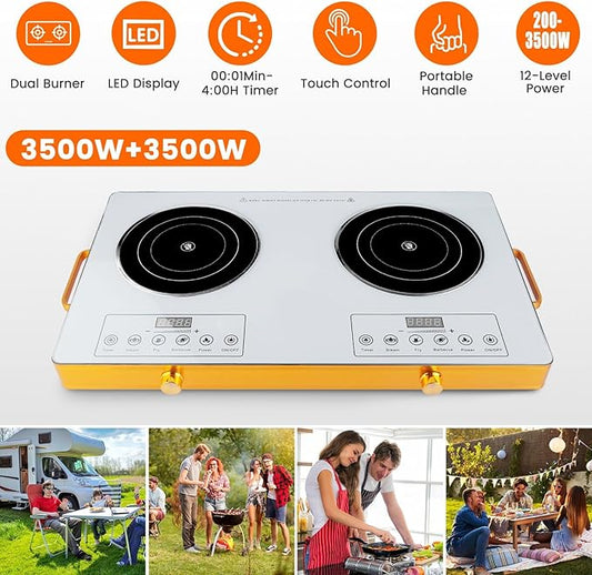 7000W Double Ceramic Electric Hot Plate Countertop Stove Double Burner Infrared Cooktop with 11 Power Levels 0-4H Timer Portable Handle LED Display for Kitchen Camping (White)