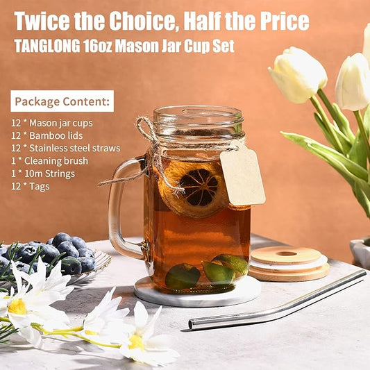 TANGLONG 16 oz Mason Jars with Handle, Mason Jar Cups, Glass Cups with Lids and Straws, Drinking Glasses Set of 12