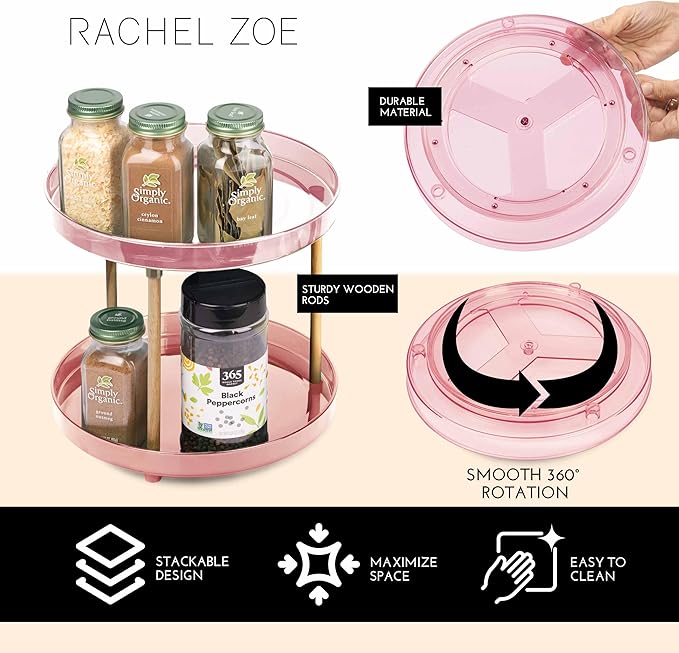 Rachel Zoe 2 Tier Lazy Susan Organizer, Wood Two Tier Lazy Susan Turntable, 360° Spin Tray Organizer, Pantry Spice Organizer for Kitchen, Rotating Bathroom Counter Organizer