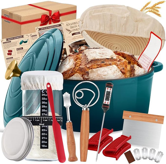 Enameled Cast Iron Dutch Oven Pot with Lid, Incl. Sourdough Bread Baking Supplies Like Banneton Bread Proofing Basket, Starter Jar, Scoring Tool Lame, 5QT Dutch Oven for Bread Baking, Oven Safe up to 500°F