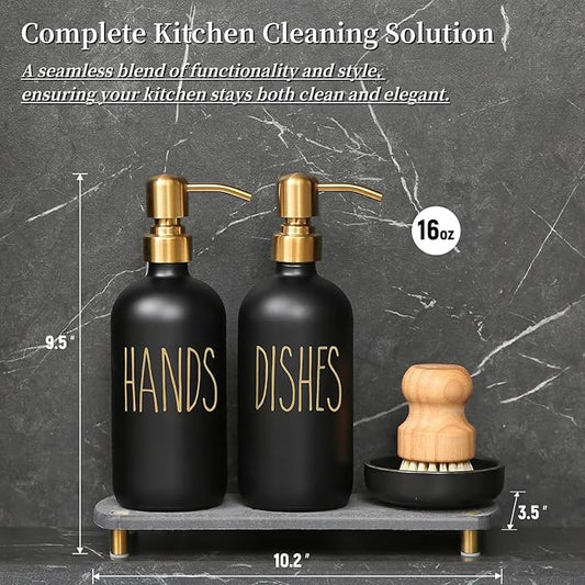 MOMEEMO Soap Dispenser Set Comes with Stainless Pumps, Instant Dry Tray, and Dish Scrub Brush, Suitable for Black and Gold Kitchen Decor. (Black & Gold)