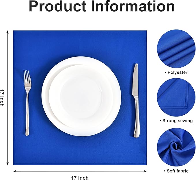 Wolkemer Set of 4 Royal Blue Cloth Napkins 17 x 17 Inches Solid Washable Polyester Dinner Napkins with Hemmed Edges for Dinners Parties Weddings Banquets Events Table Decoration
