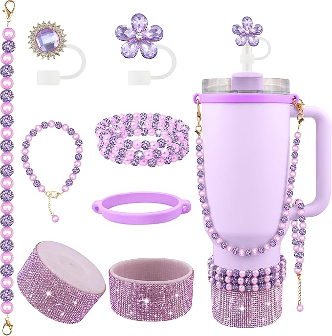 9PCS Purple of Stanley Cup Accessories Set 30/40 OZ Bling Pearl Rhinestones Charms for Stanley Decorations Tumbler Accessories Including Flower Straw Topper, Rhinestones Boot 30/40 OZ