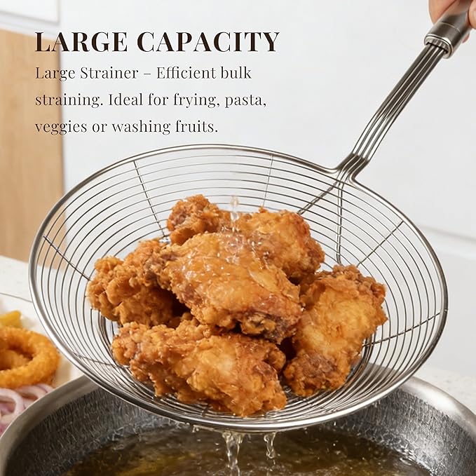 Fine Mesh Strainer & Spider Skimmer Spoon Set of 3, Stainless Steel Kitchen Utensils for Frying, Soup & Pasta (5.5”+6.3”+7.9”)