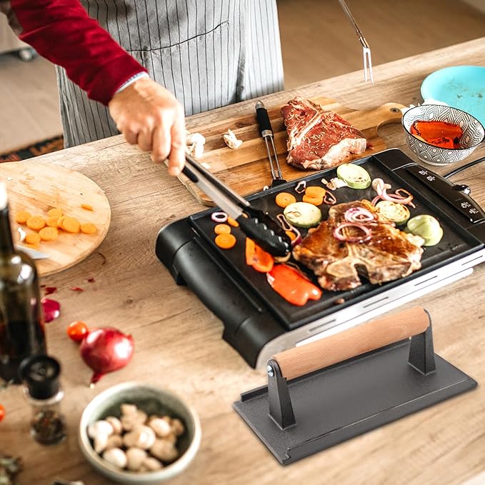 MOUYAT 2 Pack Cast Iron Grill Press, 6.8 Inch Round and 8 Inch Rectangle Heavy Grill Weight Bacon Griddle Press with Wooden Handle, Flat Cooking Weight Press Steak Weights for Bacon Burgers Meat BBQ