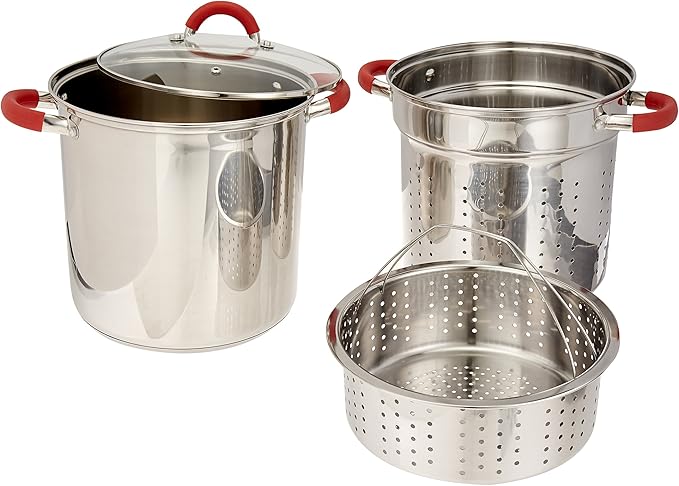 EXCELSTEEL 12 Qt Multifunction Stainless Steel Pasta Cooker with Encapsulated Base, Vented Glass Lid, and Riveted Silicone Covered Handles, 10"D x 13.75"W x 14"H