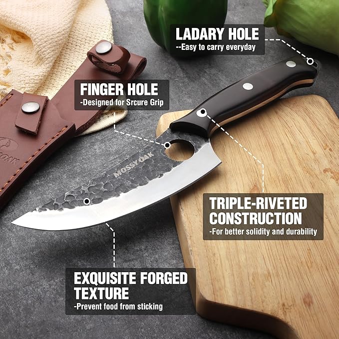Mossy Oak Chef Knife, Kitchen Knife for Boning, Cutting, and Chopping, Hand Forged Viking Knife Full Tang Handle with Genuine Leather Sheath, Meat Cleaver Knife for Outdoor Cooking, Camping and BBQ