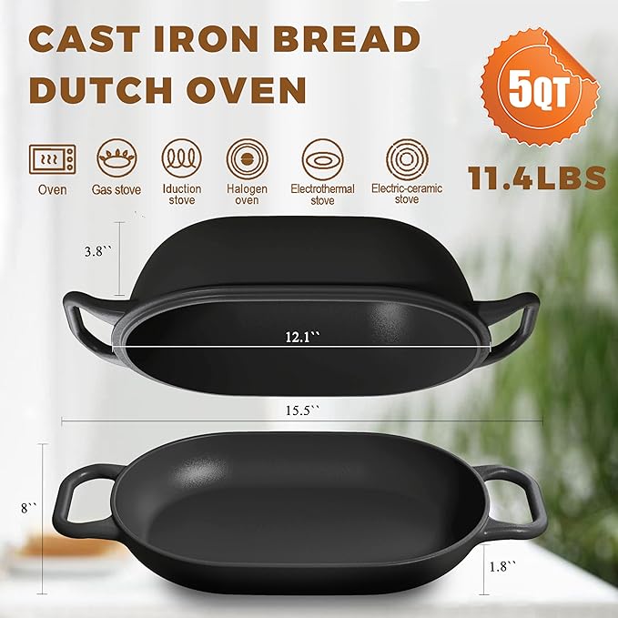 GdnWings Oval Dutch Oven for Bread Baking 12 x 8 Inch, Pre-Seasoned Cast Iron Bread Oven for Sourdough, Dutch Oven Bread Loaf Pan for a Crispy Crust, 5QT