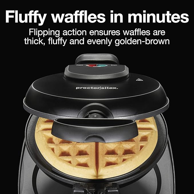 Proctor Silex Belgian Waffle Maker with Nonstick Plates, Single Flip, Cool-Touch Handle and Removable Drip Tray for Easy Cleanup Black (26090PS)