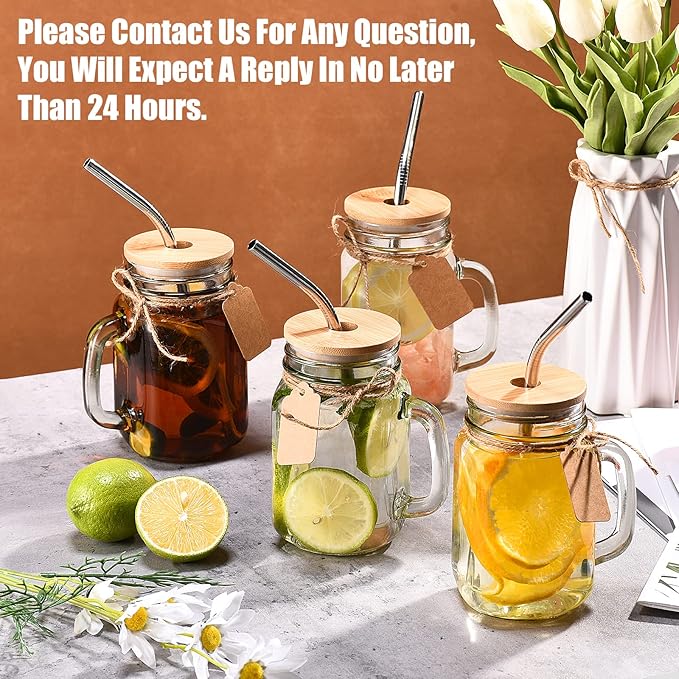 TANGLONG 16 oz Mason Jars with Handle, Mason Jar Cups, Glass Cups with Lids and Straws, Drinking Glasses Set of 12