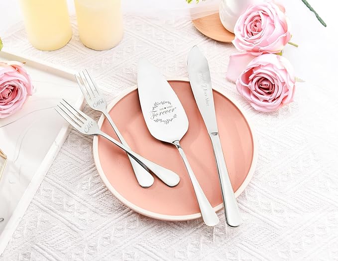 Galaxozent Wedding Presents for Couples, Sliver Wedding Cake Knife and Server Set, Cake Cutting Set, Bridal Shower Anniversary Engagement Presents For Mr and Mrs Set of 4