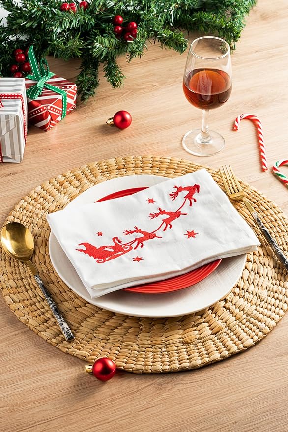 Christmas Cloth Napkins White Dining Table Dinner Napkins |Washable Cotton Napkins Easter Basket Decor|Sleigh Embroidered 18x18 in White Pk of 6 Cocktail Party Napkins