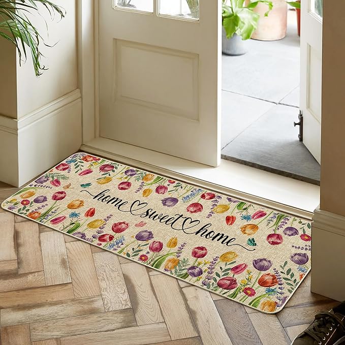 Tulip Lavender Easter Kitchen Mats for Floor Set of 2, Tulip Flower Spring Floor Mats, Non Slip Rubber Backing Kitchen Floor Mat and Rug Set for Kitchen Sink, Office, Laundry