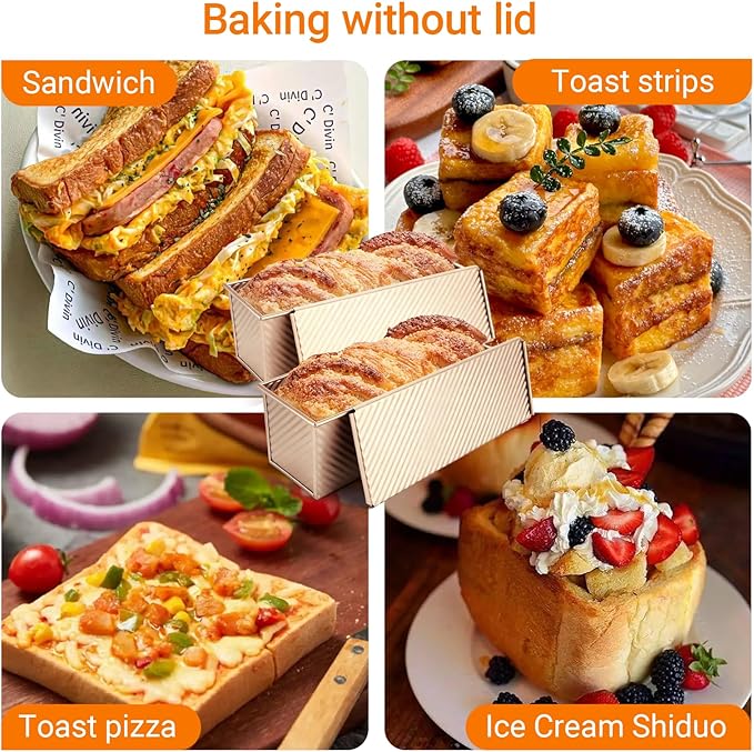 2 Ps Pullman Loaf Pan with Lid, 2.2lb Nonstick Carbon Steel Bread Pan for Sandwich & Sourdough, Rectangular Corrugated Toast for Oven Baking, Heavy Duty, Send Goods from Local Warehouse (Gold 13x4)