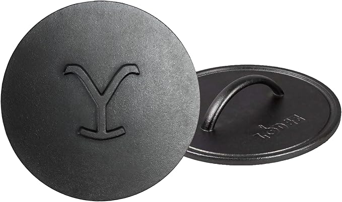 Lodge Pre-Seasoned Yellowstone Stamped Cast Iron Cookware - Power Y Design Sears into Protein - Power Y 8 Inch Grill Press