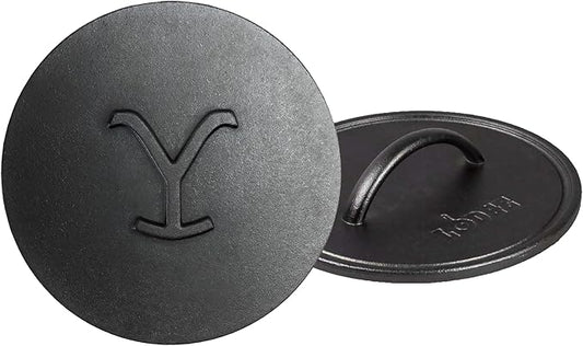 Lodge Pre-Seasoned Yellowstone Stamped Cast Iron Cookware - Power Y Design Sears into Protein - Power Y 8 Inch Grill Press