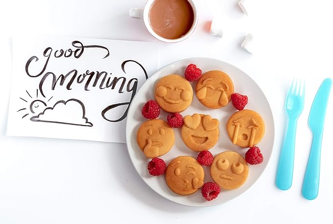 Mini Emojis Waffle Maker for Valentine's Day Breakfast- Make 7 Unique Smiley Face Waffles Pancakes for Kids- Electric Non-Stick Iron Feat Kiss Face Heart Eyes & Smile w Recipe Guide- Licensed by Emoji