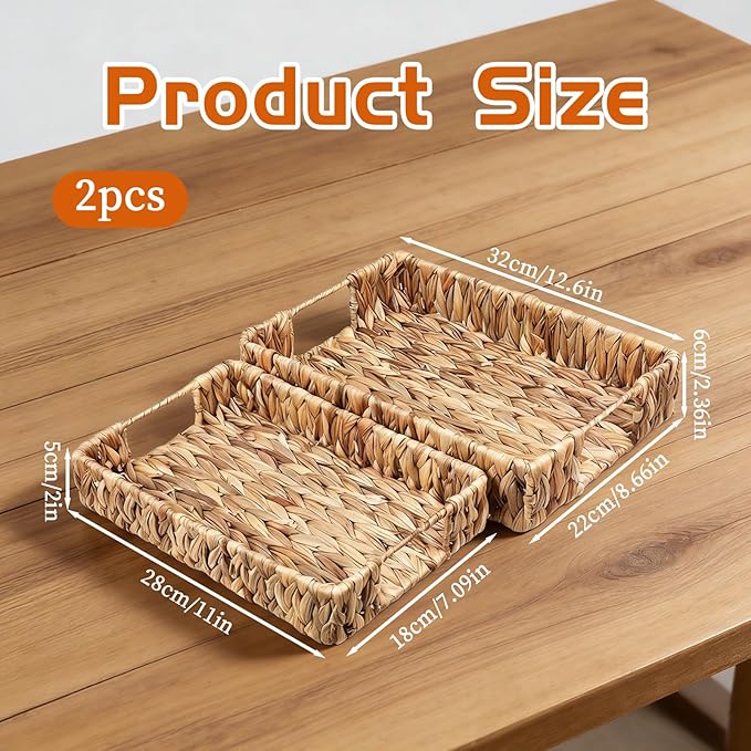 2 PCS Wicker Tray, Hyacinth Storage Baskets with Handle Shallow Basket Handmade Woven Tray Small Wicker Baskets Rectangular for Bathroom, Living Room and Kitchen Decoration or Storage