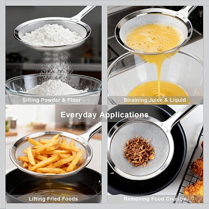 3 Pack Fine Mesh Skimmer Spoons, 304 Stainless Steel Strainer Ladles with Long Handles, Extra Fine Kitchen Sieves for Oil, Grease, Foam, Pasta, Seafood & Hot Pot Cooking