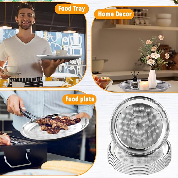 8 Pack Stainless Steel Round Serving Tray with Swirl Pattern Bulk Large Round Tray Silver Metal Display Serving Platter for Coffee Party Club Home (14 Inch)