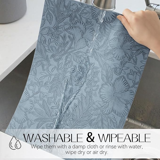 Romanstile Vinyl Placemats Set of 4-12 X 17 Inch - Heat Resistant Non-Slip Embossed Floral Place Mats 100% Waterproof Oilproof Wipeable Faux Leather Table Mats for Kitchen/Dining/Party, SkyBlue